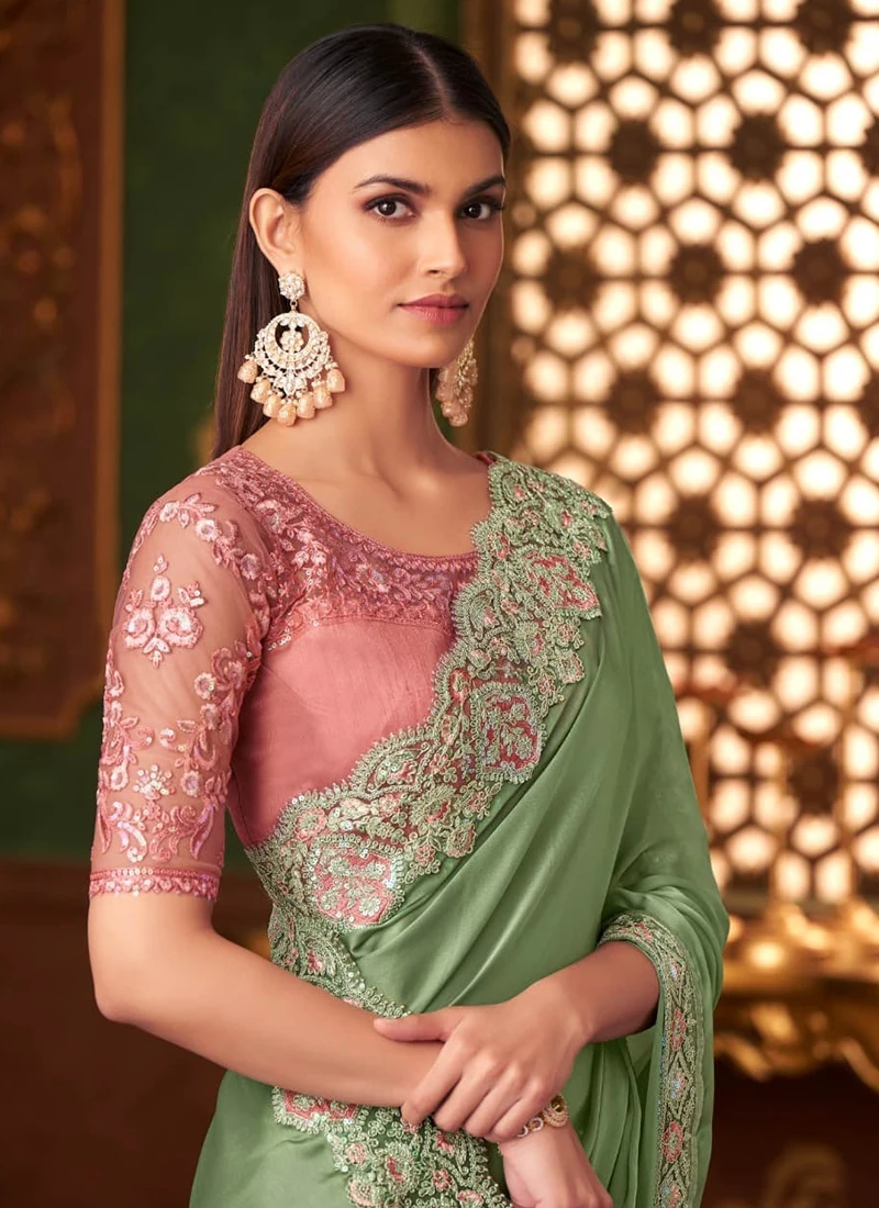 Green Sattin Party Wear Embroidery Work Saree
