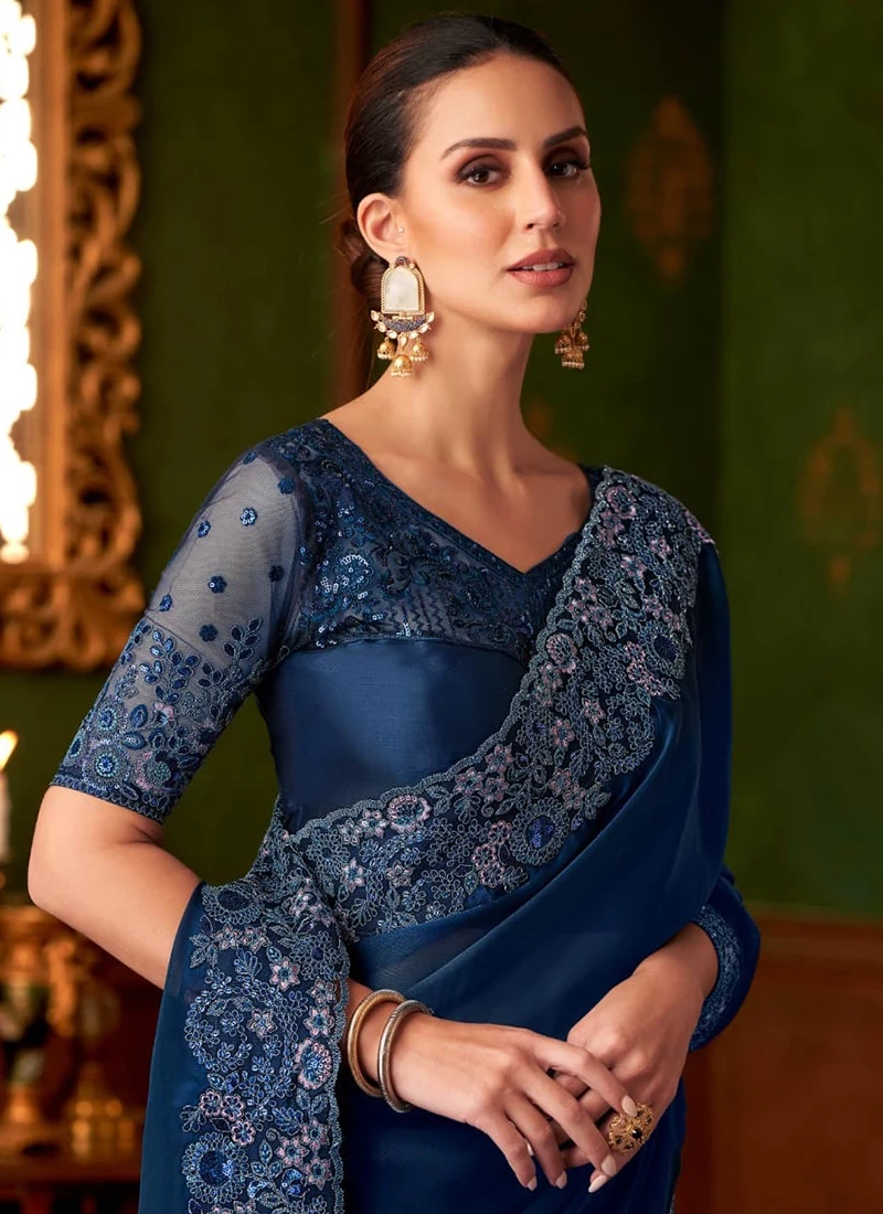 Blue Satin Silk Party Wear Embroidery Work Saree