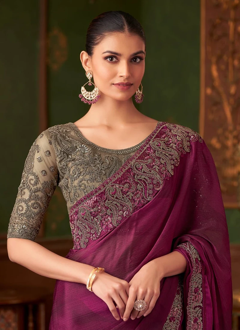 Party Wear Dark Pink Chiffon Embroidered Saree