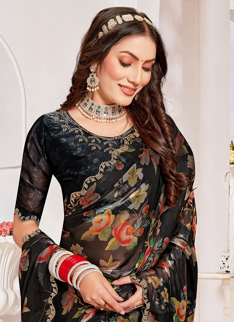 Black Crystal Organza Silk Wedding Wear Multi Work Saree