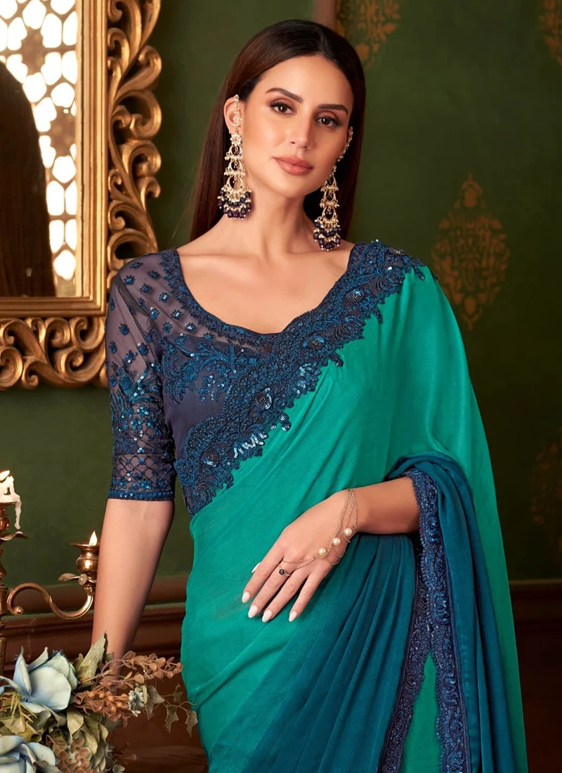 Firozi Chiffon Satin Cord Work Saree